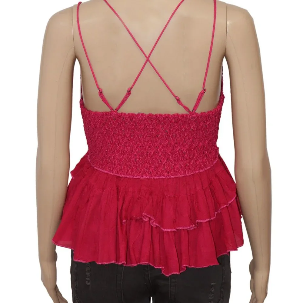 Free People Adella Cami Pink Lace Ruffled Tank Top Rose Hypnotic